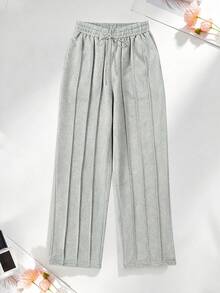 Women's High Waist Drawstring Wide Leg Sports Pants, 2 Pairs, Vertical Stripe, Loose Straight Leg, Casual Athletic Long Pants With Pockets - Grey - View 9