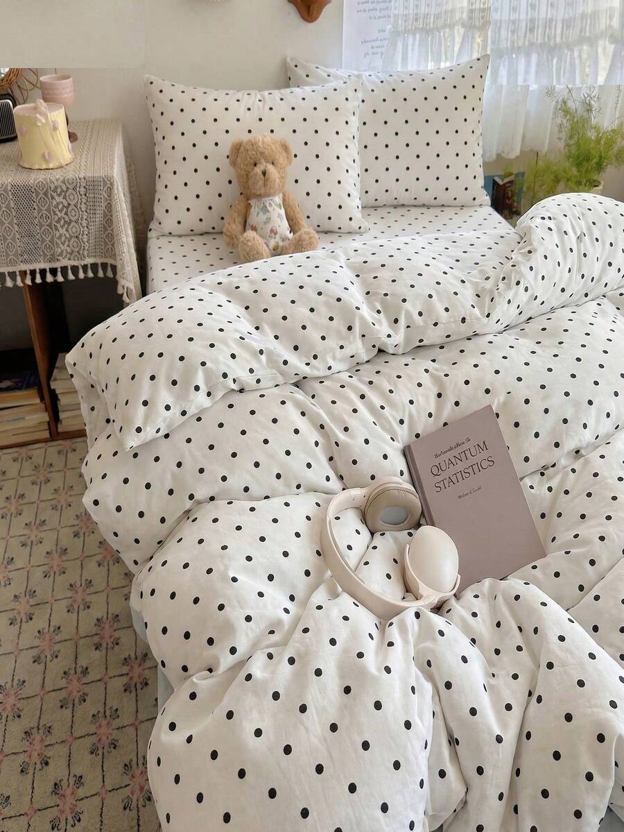 2/3 Piece Set Beige Small Polka Dot Pattern Duvet Cover Bedding Set, Soft Breathable Wrinkle-Resistant, Helps Sleep, Luxury Hotel Style, Gift For Parents And Friends, Double-Sided Dual-Color Duvet Cover*1 Pillowcase*1/2, Extra Large/Large/Full/Twin Size - Black and White - View 1