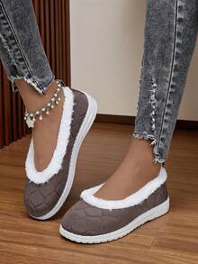 1 Pair Women's Slip‑On Flat Winter Shoes, Round Toe Fashion Design Footwear - Coffee Brown - View 4