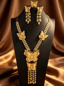 4pcs Bohemian Women's Gold-Plated Butterfly Tassel Necklace, Earrings, Ring Set, Suitable For Wedding Wear And Holiday Exquisite Gift - Gold - View 1