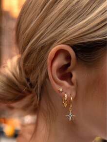 3pcs Fashion Elegant Alloy Octagonal Star Rhinestone Pendant Earrings Set, Suitable For Women's Daily Commute Wear - Gold - View 1