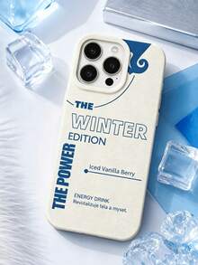 1pc Minimalist Text 15 14 13 12 11 Pro Max Phone Case, Cream White Textured Leather Base, Klein Blue "The Winter Edition The Power" Energy Drink Text Abstract Curve Pattern, Cream White Border Shockproof Phone Case - Beige - View 3