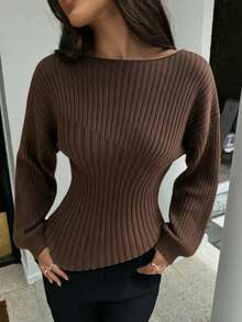 Women's French Style Ribbed Spliced Cinched Waist Lantern Long Sleeve Knit Sweater, Slim Fit Elegant Versatile Top For Office Commute Fall Winter - Coffee Brown - View 2