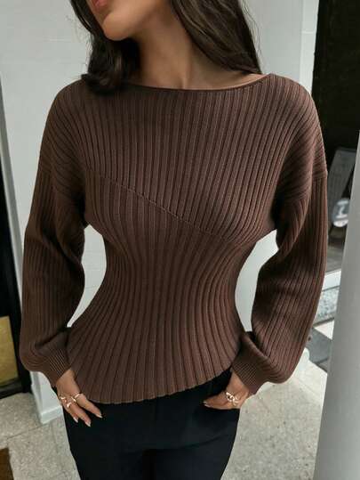 Women's French Style Ribbed Spliced Cinched Waist Lantern Long Sleeve Knit Sweater, Slim Fit Elegant Versatile Top For Office Commute Fall Winter