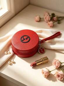 紅色圓形拉鍊化妝包附手腕帶，經典 Logo 便攜式化妝品收納包，適合日常旅行 ARMANI-GIFT-75 - 紅色 - 查看 1