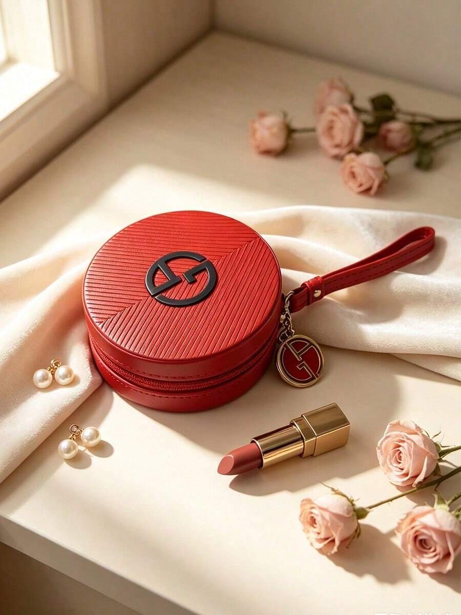 紅色圓形拉鍊化妝包附手腕帶,經典 Logo 便攜式化妝品收納包,適合日常旅行 ARMANI-GIFT-75 - 紅色 - 查看 1