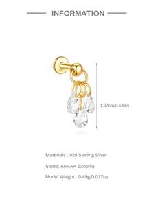 EleRunis 1pc 925 Sterling Silver Delicate 3-Water Drop Flat Back Cartilage Earring, Suitable For Helix, Conch, Cartilage, Ear Rim, Threaded Piercing, Exquisite Jewelry For Daily Wear, Wedding, Party - Gold - View 6
