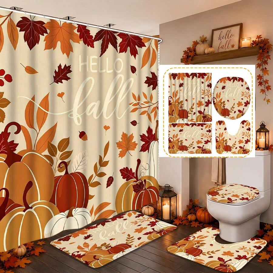 1/4pcs Autumn Harvest Maple Leaf & Pumpkin Shower Curtain Set, With 12 Hooks, Waterproof Polyester Bathroom Curtain, Privacy Screen, Thickened, Durable Quick-Dry, 180*180cm Size, Halloween Thanksgiving Autumn Harvest Bathroom Decor