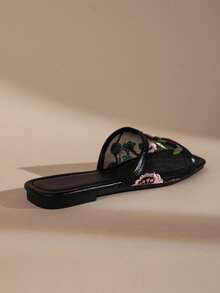 French Embroidery Lace Ruffle Square Toe Flat Slide Sandals For Women, Fairy Style - Black - View 6