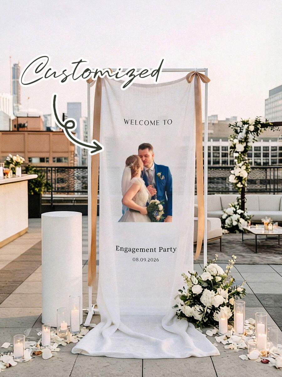 Personalized Wedding Welcome Sign, Customizable With Portraits And Text, Customized Minimalist Welcome Banner, Banner With Bow Ribbon Set, Wedding Decor, Party Decor, Tea Room, Home, Garden, Office, Graduation, Wedding, Housewarming, Customized Wedding Supplies, Back To School Gift
