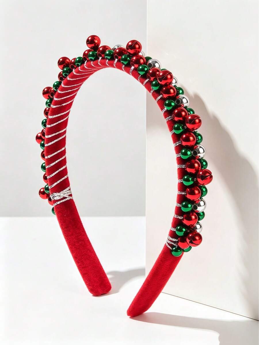 2pcs Women Christmas Beaded Headbands, Red & Green Pearl Decor, Holiday Party Hair Accessories - Multicolor - View 1