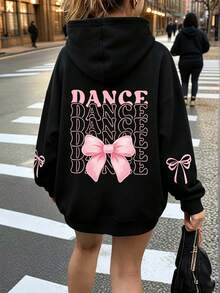 Sweet Girl Style Multi-Layer Dance Letter Bow Print Hooded Sweatshirt, Loose Pullover Sweatshirt With Back And Double Sleeve Ribbon Graphic, Versatile Streetwear Top For Girls - Black - View 7