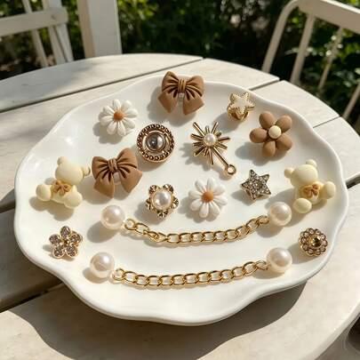 16pcs Cute Bear Flower Bow Star Pendant Shoe Charms With Gold Chain, Suitable For Beach Garden Shoes, Perfect Choice For Birthday Gifts And Party Favors, Shoe Decorations