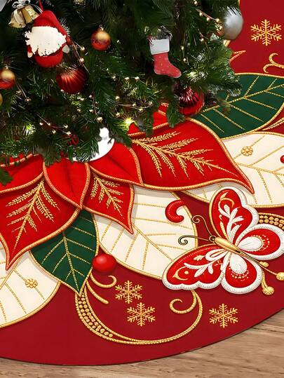 1/100 piezas Falda de árbol de Navidad con tema navideño, tema de flor de pascua, base redonda, diámetro opcional de 60/90CM; adecuado para fiestas de invierno y decoración navideña del hogar, accesorio ideal para el nuevo árbol de Navidad.