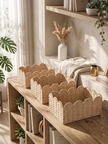 1pc/3pcs(S+M+L) Woven Rattan Storage Basket, Handmade Wavy Edge Organizer Box, Multi-Functional Decorative Tray, Suitable For Cosmetics, Desk, Bathroom, Bedroom, Closet Countertop Organization, Home Decor, Kitchen Clutter Storage, Gift Basket - Khaki - View 4