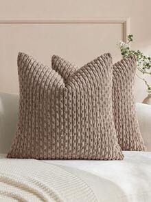 1pc/2pcs Bohemian Striped Pillow Cover (Pillow Insert Not Included), Soft Plush Corduroy Solid Color Decorative Square Pillow Case, Suitable For Holiday, Sofa, Bedroom, Bed, All Seasons - Brown - View 6