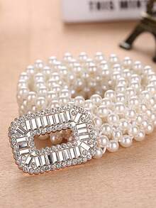 1pc Women's Pearl Belt With Rhinestone Square Buckle, Fashionable Versatile Elegant Dress Decoration Belt - Gold - View 3