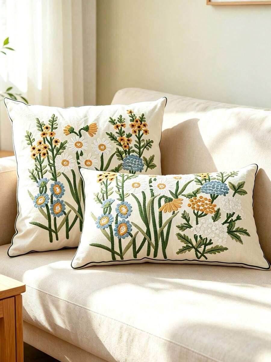 1pc Floral Park Exquisite Embroidery Cushion Cover, Pillow Insert Not Included, Available In Multiple Sizes And Room Styles