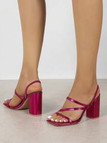 Women's Rose Red High Heels, Square Toe Chunky Heel, 2-Way Wear, Comfortable Versatile High Heel Shoes, Height-Increasing Leg-Lengthening Solid Color Women's Shoes, Size Runs Small - Hot Pink - View 6