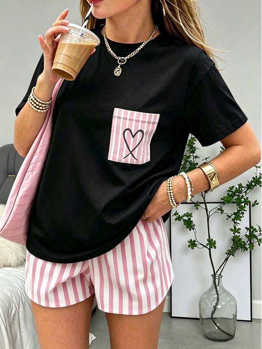 2pcs Women's Casual Short Sleeve Black T-Shirt With Pink Striped Pocket And Heart Pattern Print, Comfortable Round Neck And Shorts Two Pieces Set - Black - View 1
