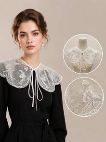 1pc White Semi-Transparent Tulle Butterfly Bead Embroidery Shawl Collar, Wavy Edge Tie Front Detachable Shawl Collar, Dress Decorative Shoulder Wrap - Multicolor - View 7