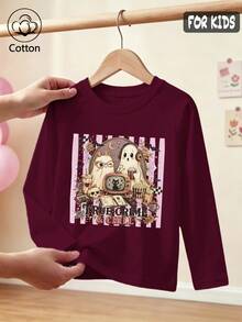 Halloween Girls Cotton Raglan Long Sleeve T-Shirt, Cartoon Ghost & Skull Print, Cute Sweet Preppy Style - Maroon - View 3