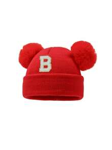 1pc A-Z Letter Double Pom Pom Knitted Hat, Newborn Autumn/Winter Warm & Cold-Proof Hat, Suitable For 0-3 Years Old Baby Daily Wear - Red - View 6