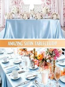 102 X 58 Inch Rectangular Satin Tablecloth, Silky Texture Champagne Color Party Tablecloth Suitable For Rectangular Tabletop Party, Holiday Dinner, Wedding Banquet Decoration (Silver) - Baby Blue - View 7