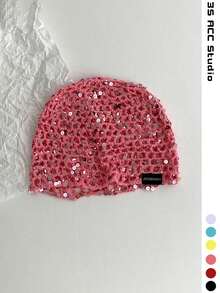 Handmade Crochet Sequin Hollow Out Beanie Hat, Fashionable Retro Versatile Lightweight Breathable Knit Cap For Women, Spring Summer - Multicolor - View 2