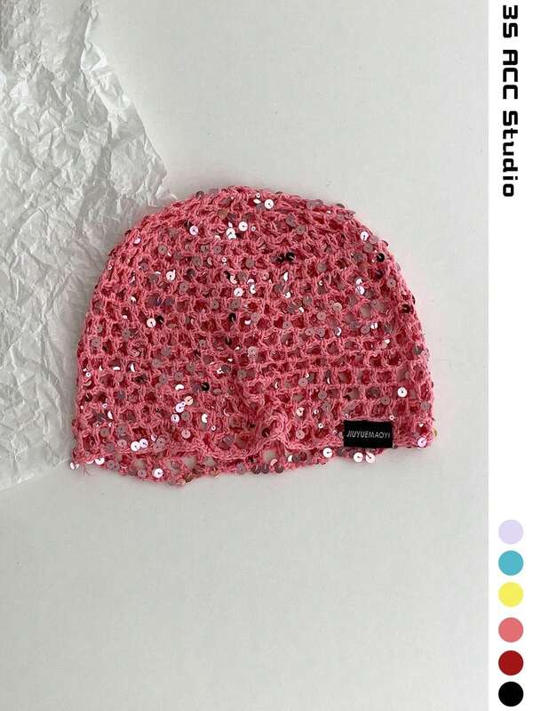 Handmade Crochet Sequin Hollow Out Beanie Hat, Fashionable Retro Versatile Lightweight Breathable Knit Cap For Women, Spring Summer