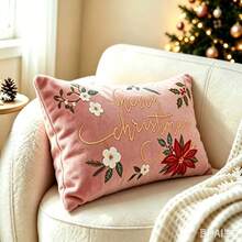 LCUHPCL 1pc Luxury Floral Merry Christmas 3D Embroidered Pillowcase, Suitable For Bedroom, Living Room, Sofa, Daily Use, Party And Various Environments - Pink - View 6