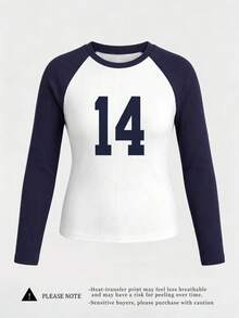 Number Graphic Casual Raglan Sleeve Fitted Long Sleeve Top Spring - Blue and White - View 3