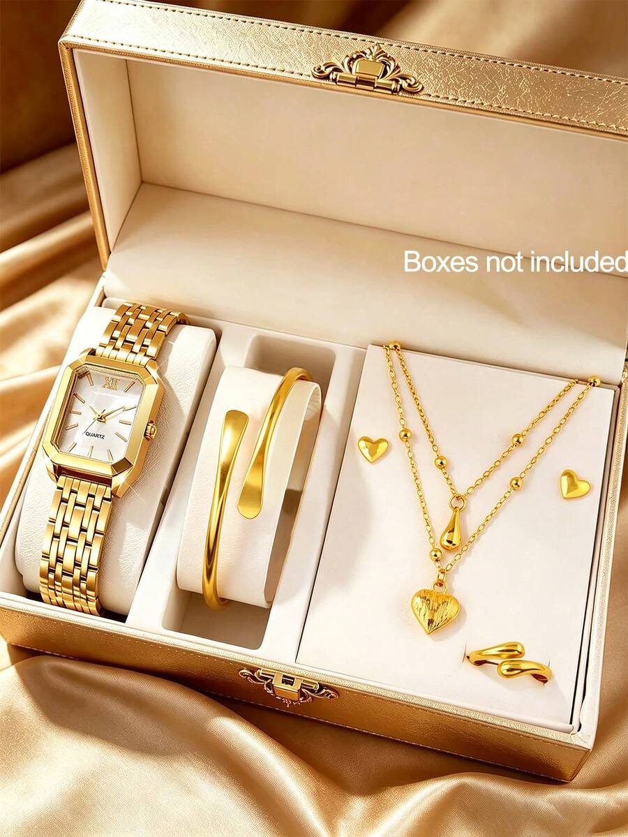 6pcs/Set New Gold Stainless Steel Watch Set, Heart-Shaped Accessories, Cute Girl Gift