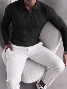 Men's Textured Vertical Ribbed Polo Collar Knit Sweater, Black, Premium Business Style, Long Sleeve, Autumn/Winter, Layering Base Layer - Black - View 7