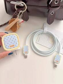 1 Set Pastel Yellow, Light Blue & Red Polka Dot Charging Cable Protector Set, Compatible With Apple 20W/18W Charger Head, Protector, Anti-Fall, Cable Organizer, Compatible With IPhone 17 16 15 14 13 12 11 20W Charging Adapter - Multicolor - View 3