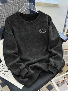Girls' Vintage Round Neck Sweatshirt, Comfortable And Soft Teen Girls Clothing, Printed With Smiling Face Pattern, Suitable For Autumn And Winter Wear - Black - View 1