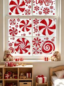 1set Christmas Window Clings, Candy Window Decals, Oil Painting Christmas Red Candy Window Stickers Double Sided Glass Decals For Winter Xmas Home Classroom Office Party Decoration - Candy Christmas Theme Window Decals - View 8