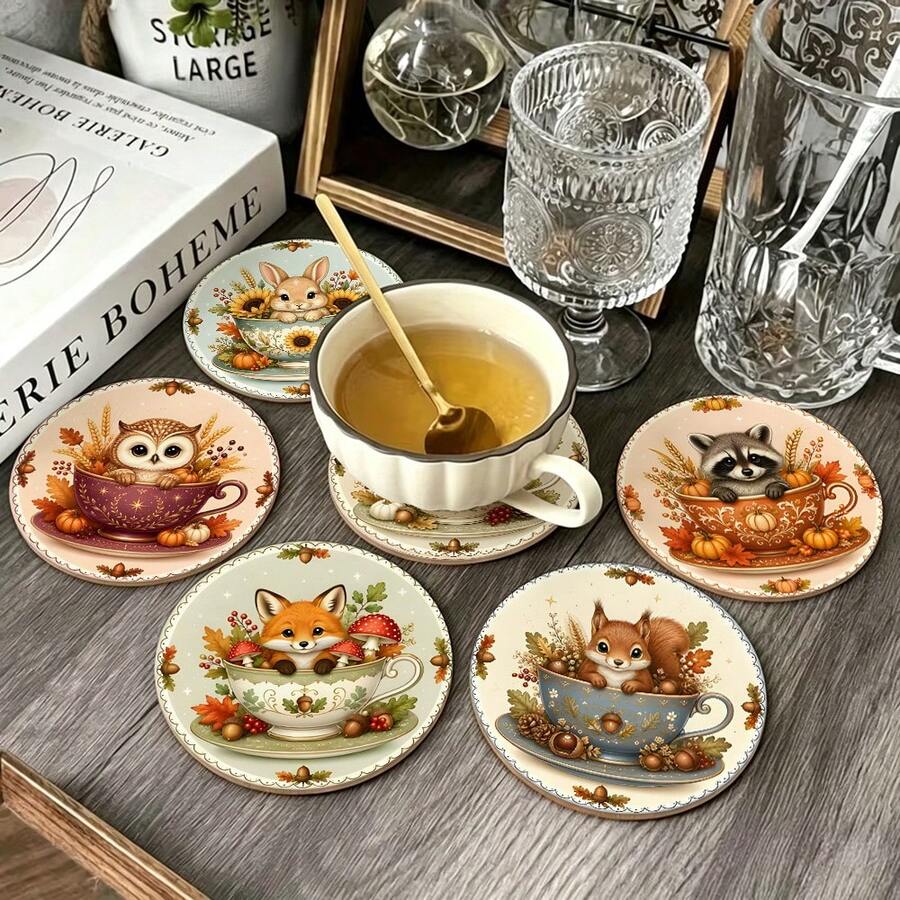 1 Set Printed Autumn Forest Animal Design Wooden Non-Slip Coasters, Home Kitchen Decor Accessories, Suitable For Various Holiday Gatherings, Wedding Accessories, Thanksgiving, Back To School Season Decoration Gifts - Multi-color LDX2532 - View 1