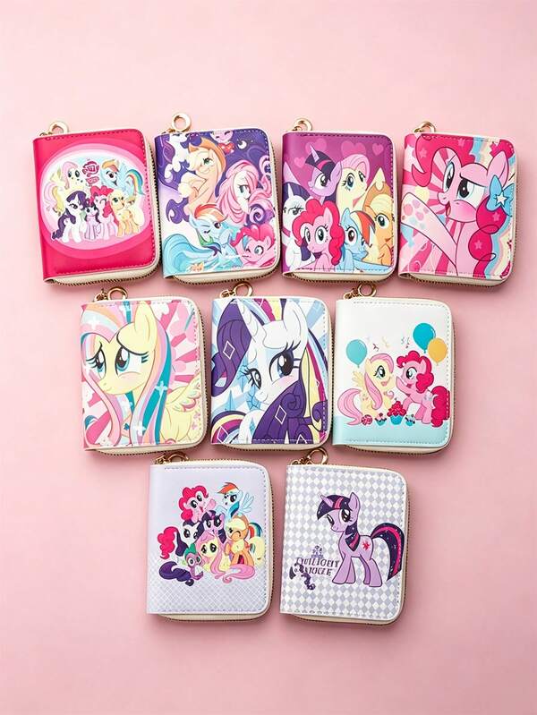 MY LITTLE PONY Cartera corta con cremallera para adultos, monedero de cuero PU con estampado de múltiples personajes lindos, organizador portátil de tarjetas y efectivo, bolso de mano de moda con anilla para llaves, accesorio casual diario para mochila, regalo coleccionable