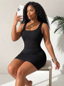 1pc Plus Size Ribbed Longline Tank Top, 2-In-1 Built-In Padded Cups, Solid Color, Versatile, Comfortable, Minimalist, Slimming, Casual Sports Outerwear Vest, Autumn/Winter - Black - View 5