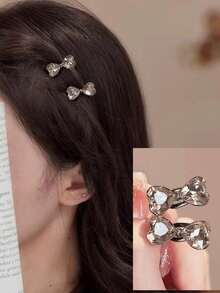 2pcs Small Crystal Bow Side Alligator Hair Clips Premium Forehead Fringe Clips Mini Bangs Clips Rhinestone Hair Accessories Gift, Travel, Women's Gift, Hair Material, Valentine's Day Hair Decoration - Multicolor - View 5