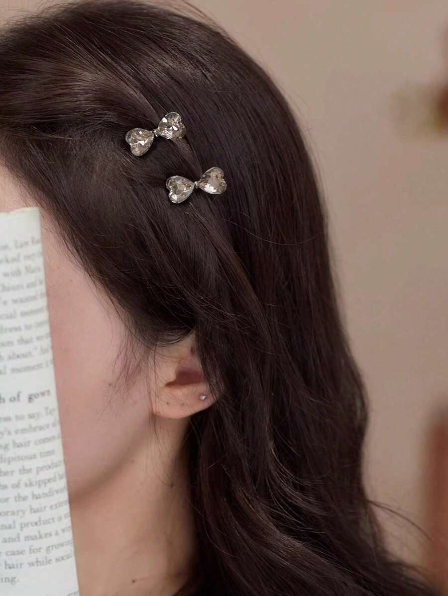 2pcs Small Crystal Bow Side Alligator Hair Clips Premium Forehead Fringe Clips Mini Bangs Clips Rhinestone Hair Accessories Gift, Travel, Women's Gift, Hair Material, Valentine's Day Hair Decoration - Multicolor - View 1