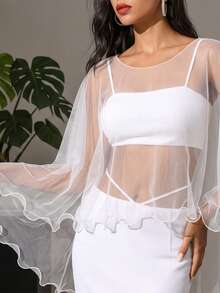 1pc White Sheer Soft Mesh Bridal Cape Shawl, Beach Vacation Outerwear Cover-Up, Wedding Evening Gown Accessory - White - View 6