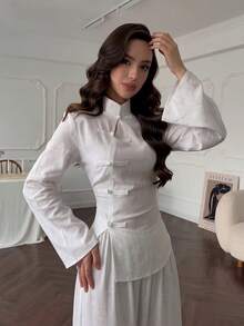 Women's Light Chinese Style Shirt With Frog Buttons And Back Tie Waist - White - View 3