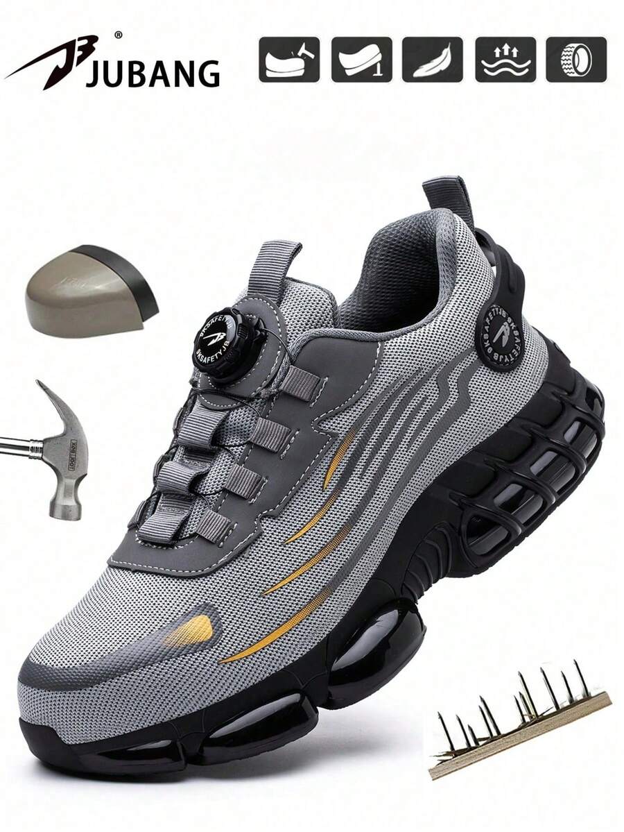 Men's Rotating Button Comfortable Industrial Construction Work Shoes Steel Toe Athletic Sneakers Lightweight Breathable Construction Site Work Shoes (Runs Half Size Small)