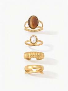 Vandermere 4pcs Fashion Vintage Stainless Steel Gold-Plated Old Money Style Geometric Oval Line Rings Set Suitable For Women's Daily Wear - Yellow Gold - View 2