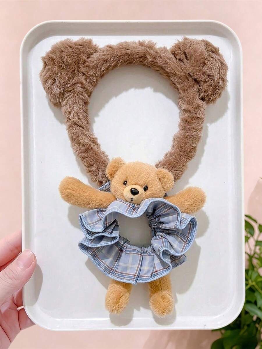 1/1/2/Pcs/Set Brown Plush Headband + Bear Plaid Hair Scrunchie Combination, Cute Hair Accessories - Suitable For Girls And Women, Essential For Daily Wear And Parties - Multicolor - View 1
