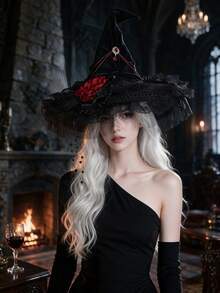 Halloween Gothic Black Velvet Witch Hat, Red Rose Lace Mesh Veil, Beaded Chain Tassel Ruby Decor, Cosplay Dark Bride Party Accessory - Black - View 2