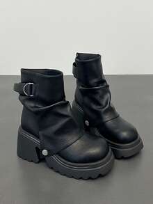 Sepatu bot pendek ukuran besar, pas lebar, penutup yang dapat dilepas, gesper logam, ujung bulat, sol tebal, hak tebal. - Hitam - View 3