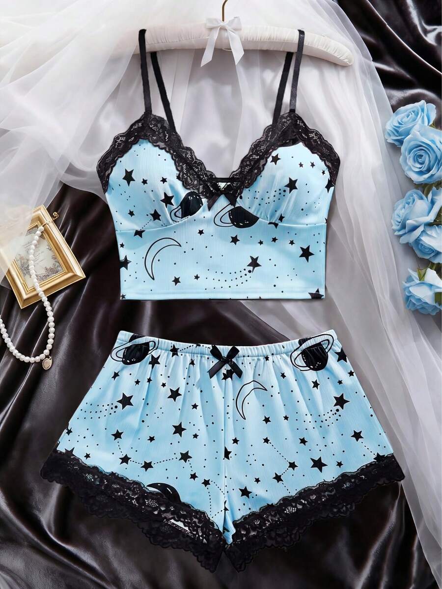 2pcs/Set Women's Star Pattern Pajama Set, V-Neck Lace Bow Striped Knit Halter Top & Shorts, Comfortable Soft Loungewear Sleepwear Set - Blue - View 1